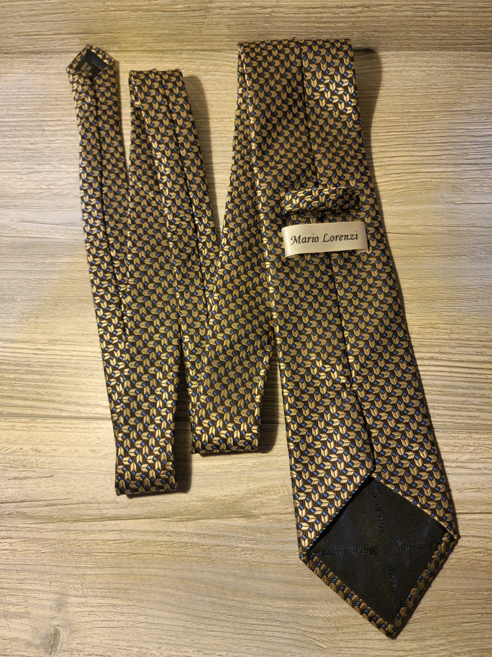 Mario Lorenzi Gold and Navy Geometric Silk Tie